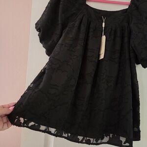 Black Textured Flutter-Sleeve Blouse - Relaxed Scoop Neck